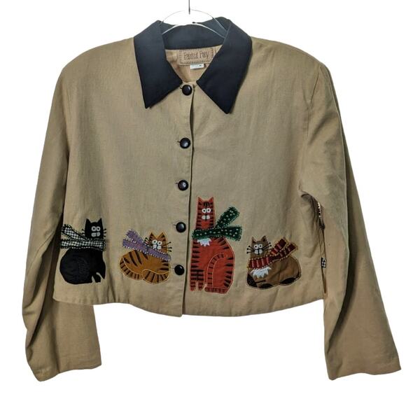 Vintage 90's Painted Pony Cropped Boxy Blazer Jacket Cat Patches and Beading L - Picture 1 of 9